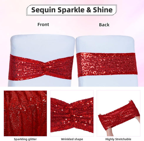 Poise3EHome Red Sequin Chair Sashes Folding Chair Covers Bow for Wedding Party Reception Decorations, 10 PCS...