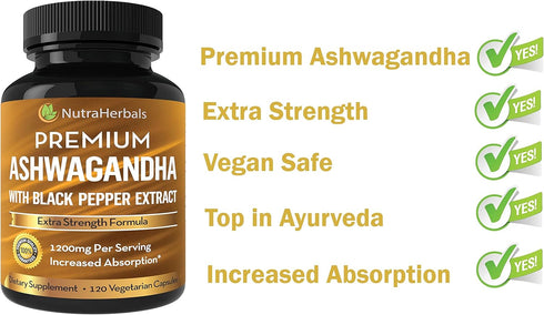 Ashwagandha Supplement Made with Premium Ashwaganda Root Powder 1200mg with Black Pepper Extract for Increased Absorption - 120 Vegi Capsules...