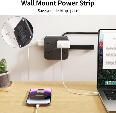 NTONPOWER Flat Plug Power Strip - 5 ft Extension Cord with Multiple Outlets, 8 Widely Outlets with 3 USB (1 USB C), 3 Side Outlet Extender, Overlo...