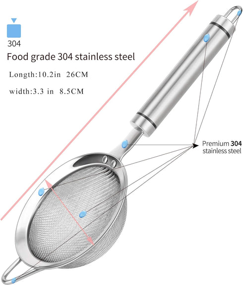 304 Stainless Steel Fine Mesh Strainers for Kitchen, Colander-Skimmer with Handle, Sieve Sifters for Food, Tea, Rice, Oil, Noodles, Fruits, Vegeta...