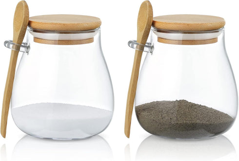 Joeyan Glass Jar with Airtight Bamboo Lid and Spoon Attached, 12 oz Salt Sugar Spice Seasoning Container, Clear Condiment Pot, Glass Food Storage ...