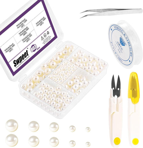 Swpeet 800Pcs 5 Sizes 4mm 6mm 8mm 10mm 12mm White Perforated Pearl Beads and Scissors Tweezers with 0.8mm Elastic Bead Thread Assortment Kit, Craf...