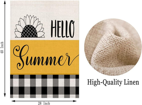 Hello Summer Sunflower House Flag 28x40 Inch Double Sided Black and White Buffalo Check Plaid Outdoor Flags Yellow Floral Farmhouse Decorations Ho...
