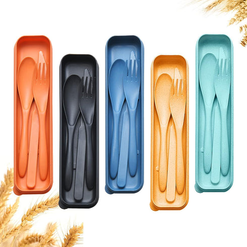 Reusable Travel Utensils Set with Case, 5 Sets Wheat Straw Portable Plastic Fork Spoons Knife Camping Cutlery, Eco-Friendly BPA Free Lunch Tablewa...