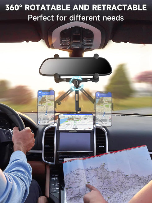 Rearview Mirror Phone Holder, 2024 Upgraded 360° Rotating Rear View Mount with Adjustable Arm Length, Multifunctional Universal Car All 4-7 Inch M...
