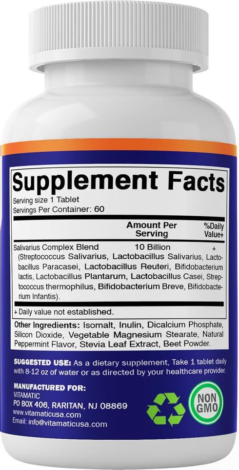 Vitamatic Salivarius Complex 10 Billion Chewable Mint Flavored Tablet - 60 Count - Oral Health Chewable Probiotics + Prebiotics - Supports Healthy...