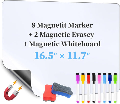 Magnetic Dry Erase White Board for Fridge Pack, Flexible Refrigerator Magnet Whiteboard Notepad for Home Kitchen Memo Grocery List, includes 8 Mar...