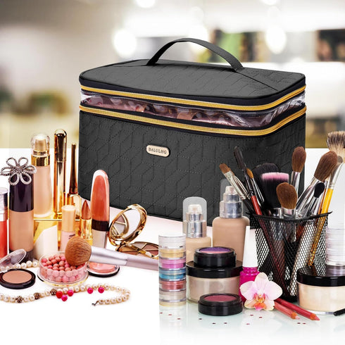 Large Travel Makeup Bag - Double-Layer Cosmetic Organizer for Brushes and Toiletry Essentials, Ideal for Women...
