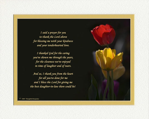 Daughter-in-Law Gift with "Thank You Prayer for Best Daughter in law" Poem. Red & Yellow Tulips Photo, 8x10 Double Matted. Special Birthday Gifts,...