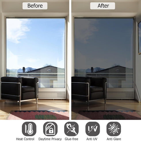 HIDBEA One Way Window Film, Daytime Privacy Sun Blocking Reflective Window Film No Glue Static Cling Heat Control Window Tinting Film for Home and...