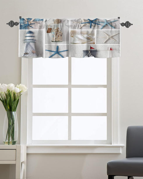 Summer Coastal Grid Valances Curtain for Kitchen Cafe, Ocean Starfish Lighthouse Window Valance Short Curtains 42"x 12" Rod Pocket Windows Treatme...