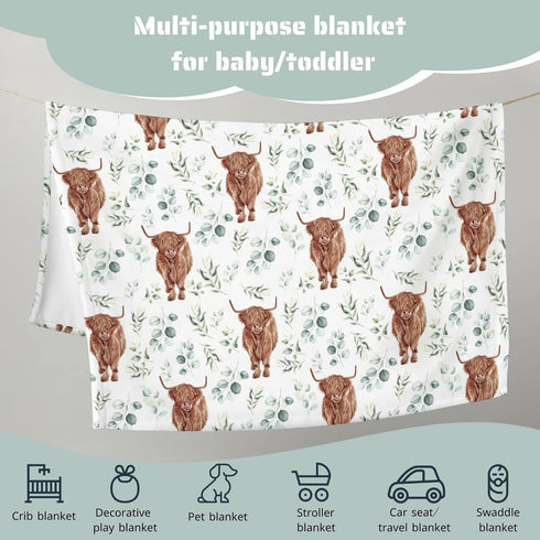 Highland Cow Eucalyptus Leaf Baby Blanket Boys Gift, Western Farm Animal Yak Flannel Fleece Nursery Swaddle Receiving Blankets, Soft Lightweight N...