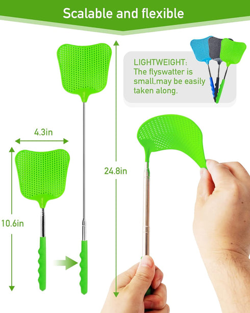 3 pcs Fly Swatter, Fly Swatter Plastic,Telescopic Fly Swatters, Large Bug Swatter That Work for Indoor and Outdoor. (Black Blue Green)...