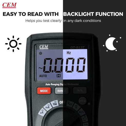 CEM DT-913T Digital Multimeter TRMS 4000 Counts Voltmeter Auto-Ranging Fast Accurately Measures LCD display Voltage Current Amp Resistance Diodes ...
