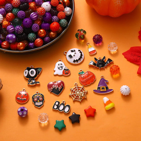 450+ Pieces Halloween Beads Making Kit,Enamel Halloween Charms Pendant Assorted Halloween Beads Jewelry Making Pumpkin Witch Hat Black Cat Spider ...