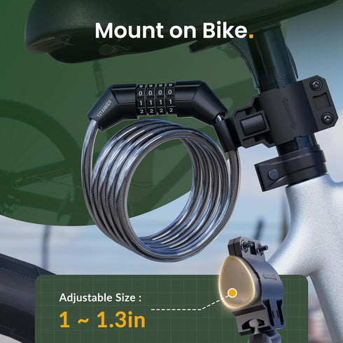 Titanker Bike Lock Cable, 4 Feet Bike Cable Lock Basic Self Coiling Kids Bike Lock Combination with Complimentary Mounting Bracket, 5/16 Inch Diam...