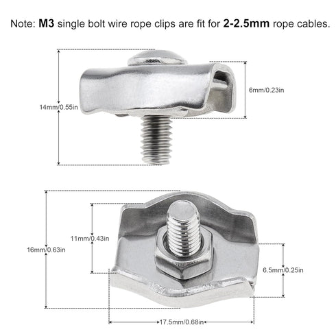 20pcs M3 Single Bolt Wire Rope Clips, PNXKTXO 304 Stainless Steel Simplex Cable Clamps for 2-2.5MM Diameter Wire Cable Saddle Fastener...
