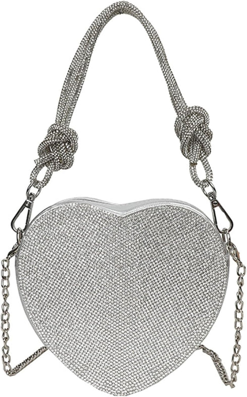 Evening Bag for Women, Silver Clutch Purse Heart Shaped Purse Crossbody Bag Shoulder Handbag Rhinestone Purse...