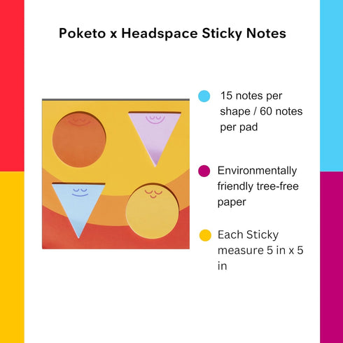 Poketo x Headspace Sticky Notes - 4 Shapes and Colors for Mental Notes and Reminders, Stocking Stuffers for Teens, Art Supplies, Teacher Gifts, Ho...