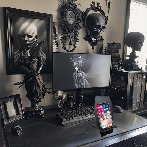 Unique Coffin Cell Phone Stand with Cool Engraved Skeleton for Halloween Goth Office Desk Accessories Supplies - Spooky Phone Holder for iPhone Ip...