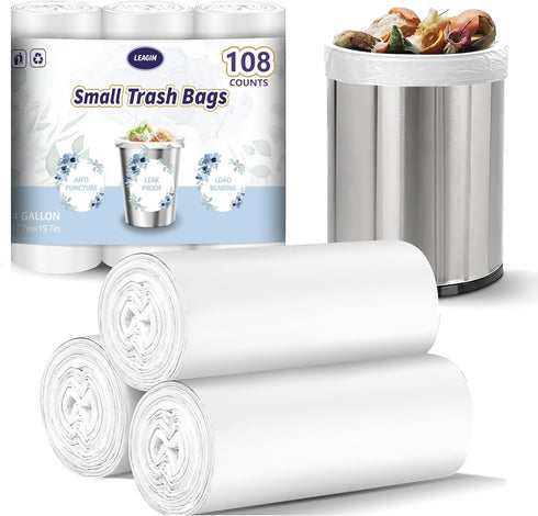 Small Trash Bags 4 Gallon - 108 Count Leakage-Proof 4 Gallon Trash Bag, Small Garbage Bags for Office Bedroom Bathroom Trash Bags, Unscented White...