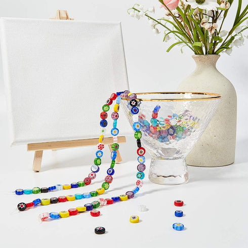PH PandaHall 260Pcs 8mm Assorted Lampwork Beads Millefiori Lampwork Glass Beads Loose Bead Flat Round Spacer Bead for Necklace Earrings Jewelry Ma...