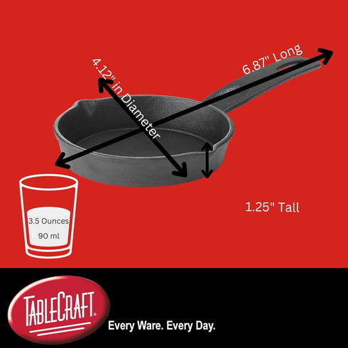 TableCraft Products CW30122 Cast Iron Mini Round Skillet 3?" Dia (6?" with Handle) x 1¼" D, 1.25" Height, 4.125" Width, 6.875" Length, CW30122...