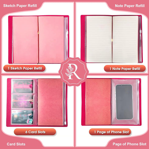Personalized Journal Gift-Pink Initial Leather Journal+Heart Diamond Pen Set,Travel Notebook Diary Gifts,Refillable Notepads,Christmas,Birthday Gi...