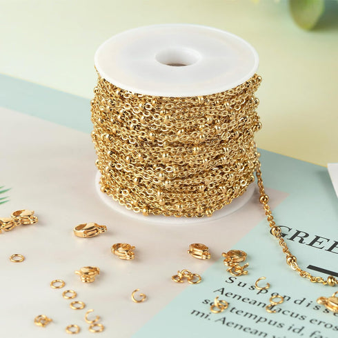Kyutong 10M Gold Stainless Steel Jewelry Chain in Bulk Beaded Cable Link Chain Roll with Jump Rings and Lobster Clasps for DIY Jewelry Making Supp...