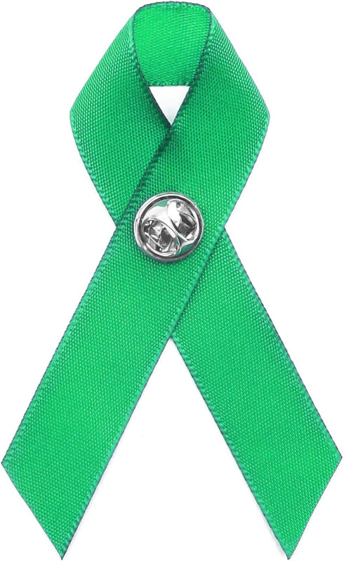 50 Pack Green Satin Awareness Ribbons with Clutch Pins (3.5 in)...