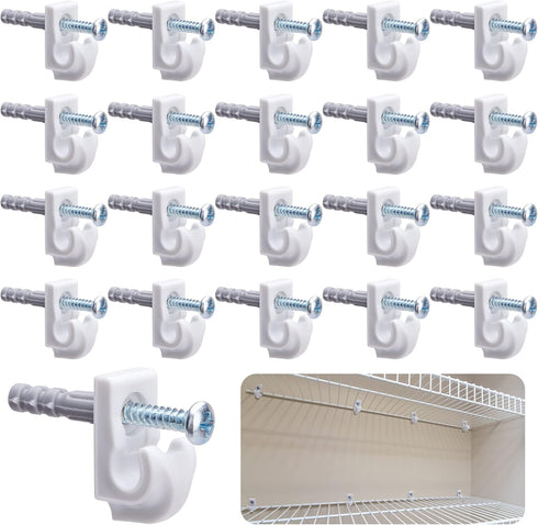 25 Pcs White Down Wall Clips- Wire Shelf Brackets Loop Clips- Closet Maid Support Brackets- Plastic Closet Shelves Clips Screws and Expansion Tube...