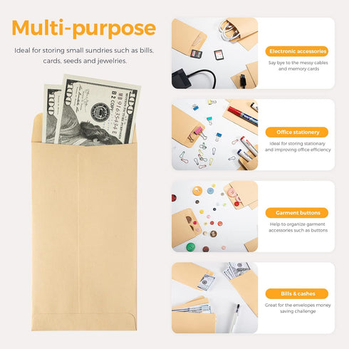 ACSTEP 100 PACK Brown Cash Envelopes 3 1/2 x 6 1/2 for Budgeting, Small Kraft Money Envelopes Self Adhesive for Cash, Coins, Check, Seeds, Money S...