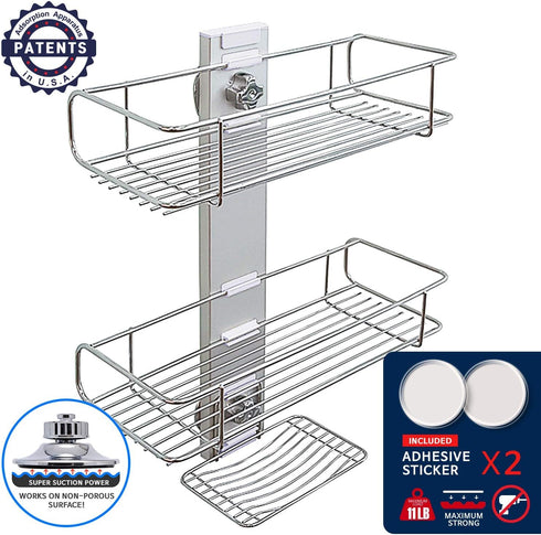 BATHBEYOND Shower Caddy Suction Cup Tier Shower Shelf - Adjustable Shower Caddy 400 Stainless Steel No-Drilling and Extra Adhesive Sticker for Mor...