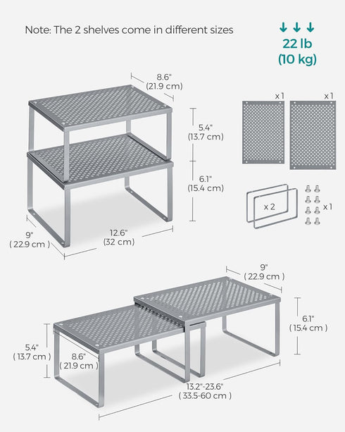 SONGMICS Spice Racks, Set of 2 Metal Cabinet Shelf Organizers, Countertop Organizers, Shelf Risers, Stackable, Expandable, Silver UKCS01SV...
