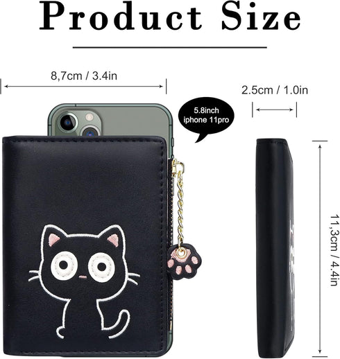 CONISY Cute Wallets for Women, Leather RFID Blocking Small Bifold Wallet with Zipper Coin Purse for Girls and Ladies Womens Wallet (Cat Black)...