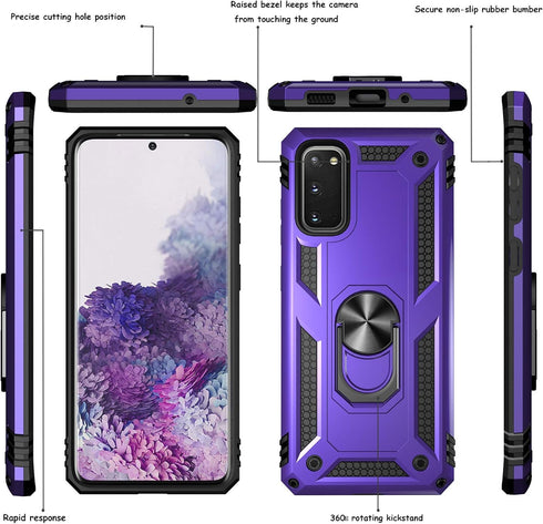 Androgate for Samsung Galaxy S20 FE Case with Glass Screen Protectors, Military-Grade Metal Ring Holder Kickstand 15ft Drop Tested Shockproof Cove...