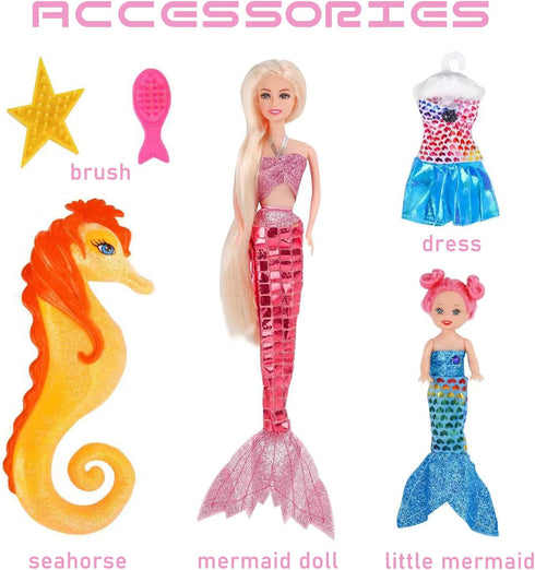 Princess Mermaid Dolls Playset, 12" Fashion Dress Doll with 4" Little Mermaid Seahorse Figurine and Accessories,Mermaid Toys Gifts for Girls Aged ...