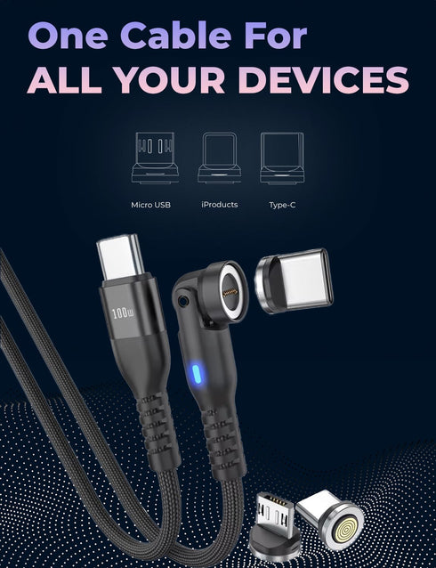360 PRO 100W USB-C Magnetic Phone Charger (Pack of 2) - 6 in 1 Magnet Charging Cable Fast Charging & Data - Works with i-Products, Type-C and Micr...