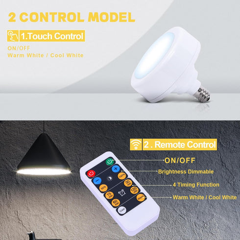 E12 Base Battery Operated Light Bulb with Remote, 2 Pack 3 AAA Battery Powered LED Light Bulbs, Dimmable Screw in Puck Light with Timer for No Har...