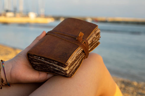 WANDERINGS Small Vintage Leather Journal - Only 4"x6" - Antique Handmade Leather Bound Journal with Old Fashioned Deckle Edge Paper - Perfect for ...
