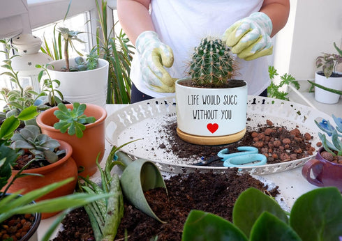 Life Would SUCC Without You - White Ceramic Engraved Mini Succulent Cactus Planter Pot, 3.5 inch Succulent Indoor Flower Plant Pots with Bamboo Tr...