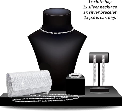 4 Pieces Women Rhinestone Evening Clutch Bag Silver Clutch Purses Bag for Women Evening Rhinestone Jewelry Set...