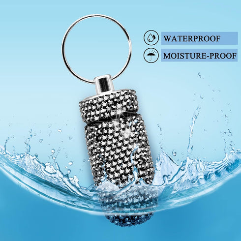 Pill Container Pill Case Bling Crystal Rhinestone Portable Waterproof Pill Holder Box Storage Bottle with Keychain for Travel, Outdoor, Camping (G...
