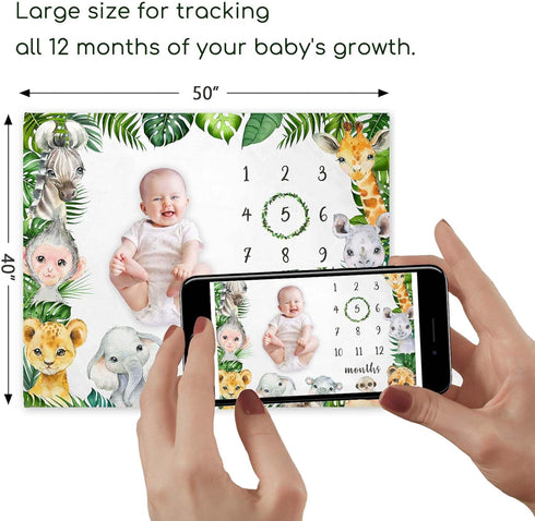 Safari Milestone Blanket, Jungle Animals Baby Growth Chart Monthly Blanket, Watch Me Grow Jungle Wild Baby Nursery for New Moms Baby Shower(50"x40...