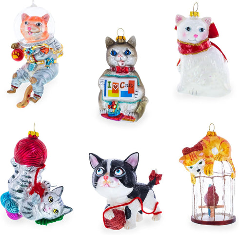 Playful Cat Entangled with Yarn Ball Blown Glass Christmas Ornament...