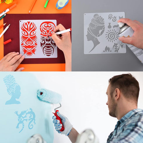 16 Pieces African Tribal Stencils Congo Mask Stencil Tribal Faces Stencil African Stencil Template Tribal Wall Painting Stencil and Metal Open Rin...