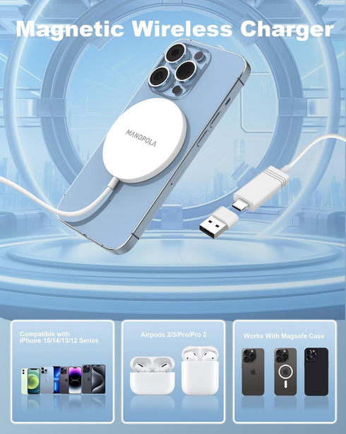 Magnetic Wireless Charger,Mag Safe Charger for Apple,15W Fast Charger Compatible with iPhone 15/14/13/12 Pro/Max/Plus/Mini and AirPods 3/2/Pro 2/P...