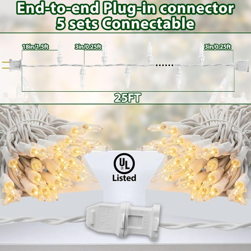 Clear Christmas Lights 25FT 100 Incandescent Bulbs Warm White Mini Lights with White Wire for Christmas Tree, Garland, Thanksgiving, Wedding, Part...