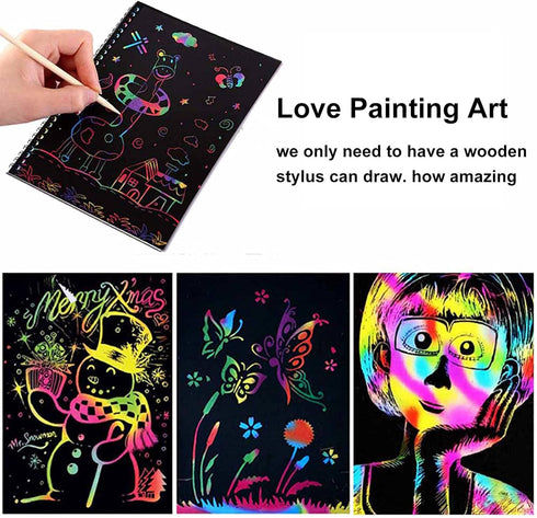 MEMX Scratch Art Books for Kids, 2 Pack Rainbow Magic Scratch Paper Black Scratch it Off Art Crafts Notes Boards Sheet with 2 Wooden Stylus for Be...
