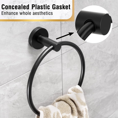 HITSLAM Matte Black Towel Ring for Bathroom, SUS304 Stainless Steel Hand Towel Holder Wall Mounted, Modern Simple Round Kitchen Hand Towel Ring wi...
